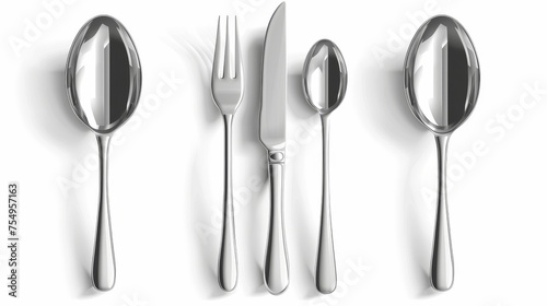 Set of three forks, knives, and spoons on a white background. Modern realistic illustration of a silver or stainless steel cutlery collection, modern kitchen flatware design, dining tools.