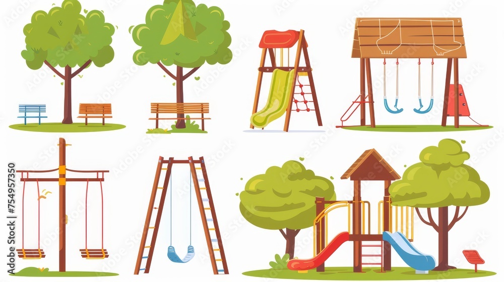 A collection of swings and slides for playground parks. A cartoon modern illustration of play equipment for playgrounds and kindergartens. A playset for children and active leisure activities A collection of swings and slides for playground parks. A cartoon modern illustration of play equipment for playgrounds and kindergartens. A playset for children and active leisure activities