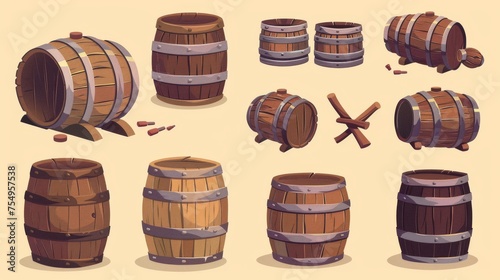 In this modern illustration of an old wooden barrel with metallic rings, wine and whiskey are being made, gunpowder is being stored, etc. The set shows a standing and lying cask, stacked and single photo