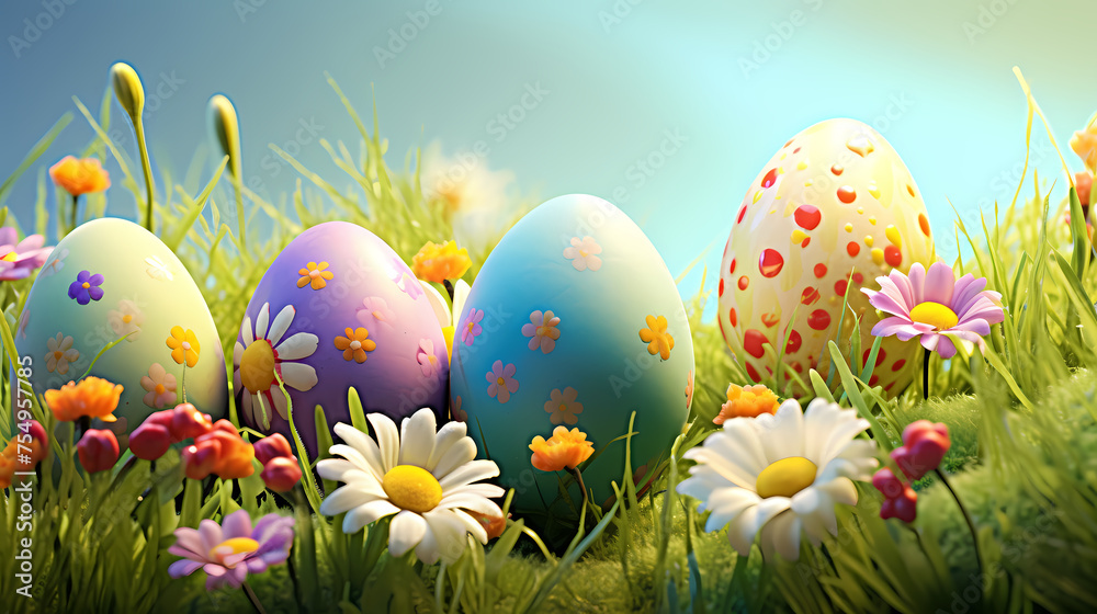 Easter themed banner with pastel colored eggs among spring plants