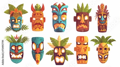 Masks set of tiki on white background. Modern illustration of hawaiian or polynesian totems  scary faces with toothy mouths  decorated with leaves.