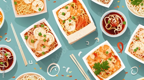 Traditional Asian fast food bowls with fresh hot ramen, spicy shrimps, onions, restaurant menu design elements with instant noodles isolated on a blue background.