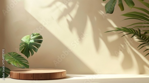 This modern illustration shows an organic cosmetic or beauty product presentation podium with monstera leaves on a light beige background.