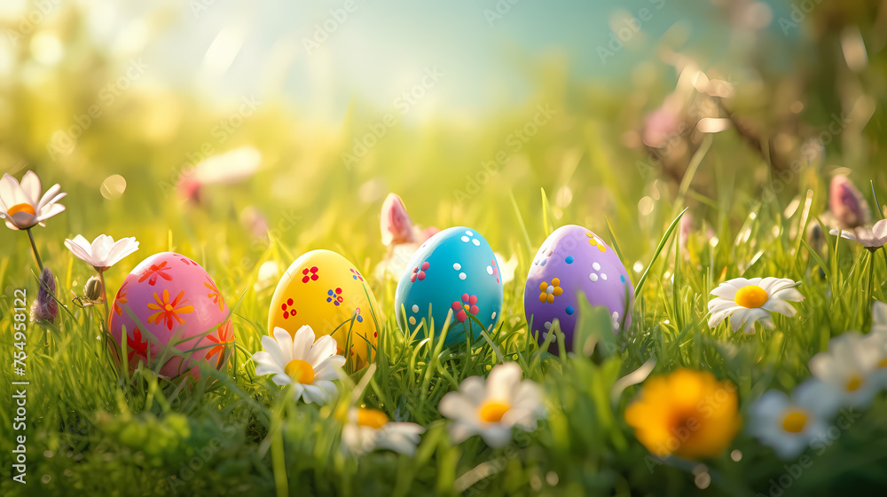 Easter themed banner with pastel colored eggs among spring plants Easter themed banner with pastel colored eggs among spring plants
