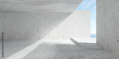Abstract empty, modern concrete room with sidewall extension and opening with ocean view and rough floor - industrial interior background template photo