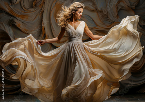 Grace in Motion Ballet Dancer with Flowing Silk Dress 