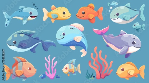 Cartoon fish with fins and smiling lips. A collection of funny sea creatures for aquariums or marine habitats.