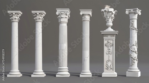 This is an ancient roman column made of white clay. It is a realistic modern illustration set of a Greek stone pillar for a temple building. There is a decorative facade design of a marble colonnade
