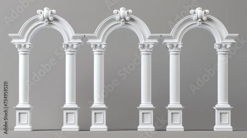 A white clay roman arch with decorative ornate decoration. Realistic 3D modern illustration of a Greek stone pillar of a temple building door or window. An elegant archway reminiscent of classical photo
