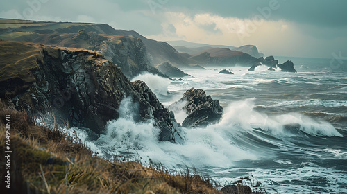 A photo of rugged coastlines, with crashing waves as the background, during a stormy day in old engraving style