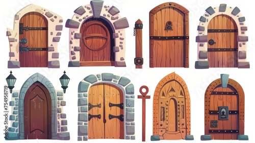 Isolated medieval wooden doors set on white background. Modern illustration of historical building design elements, stone porch, arch doorway with locked gate, iron doorknob, old architecture.