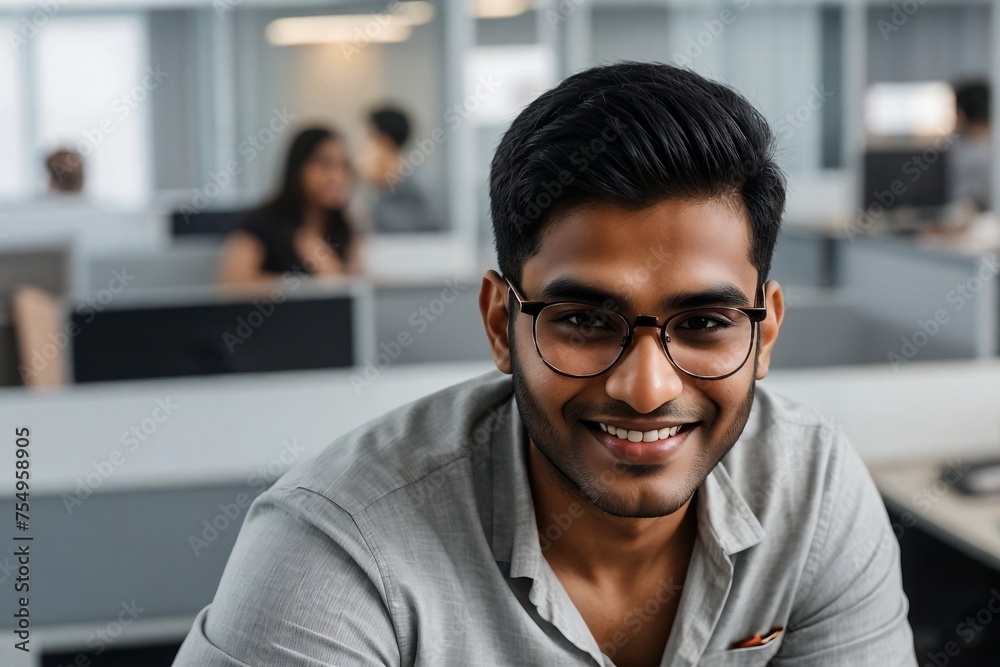 Obraz premium Indian programmer standing in the office. Professional Indian programmer or developer concept.