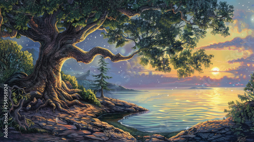 A painting depicting a tree standing by the waters edge, with branches reaching out towards the serene lake © sommersby