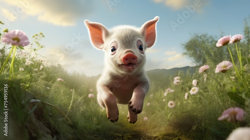 A funny little pig jumps in a clearing or meadow. Agricultural industry. Cute piggy.
