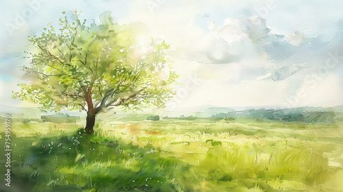 A painting depicting a single tree growing in a vast grassy field under a clear sky