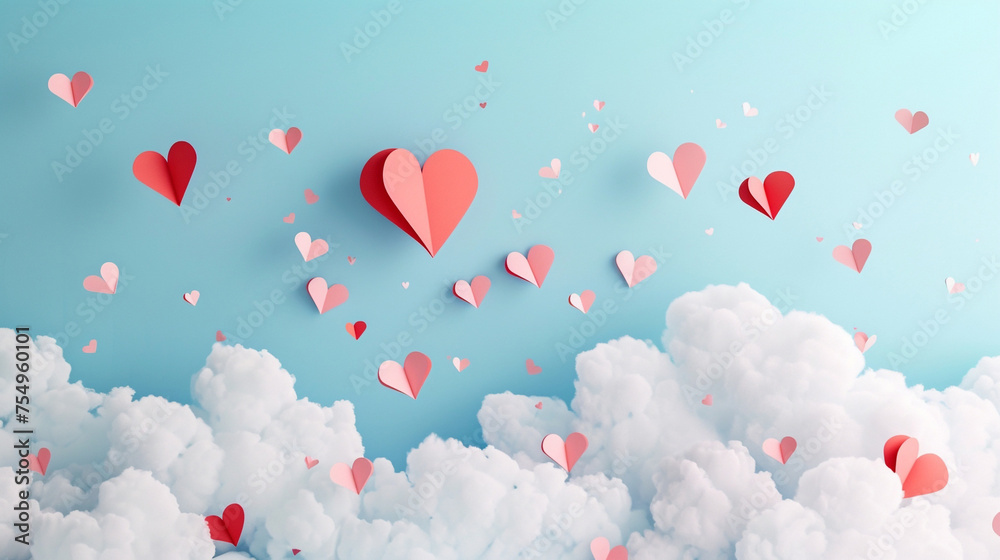 A Valentine's Day surreal composition with paper hearts above clouds, featuring space for text.