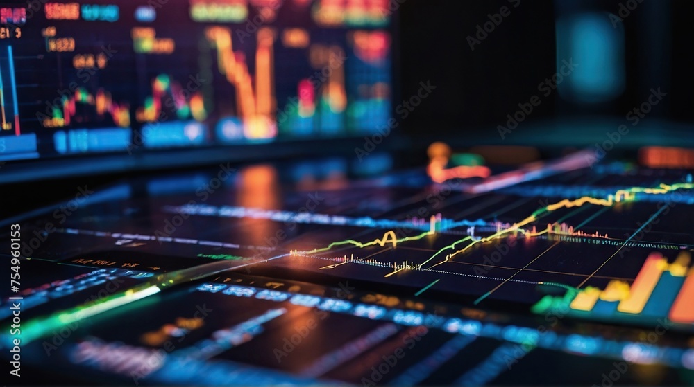 Financial Charts and Graphs Reflecting in the Stock Market. Financial accounting of profit summary graphs analysis Ai Generative Image
 - obrazy, fototapety, plakaty 