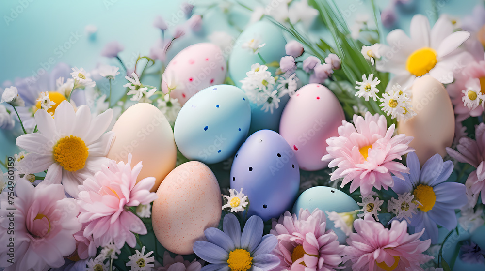 Easter eggs on green grass on a sunny day