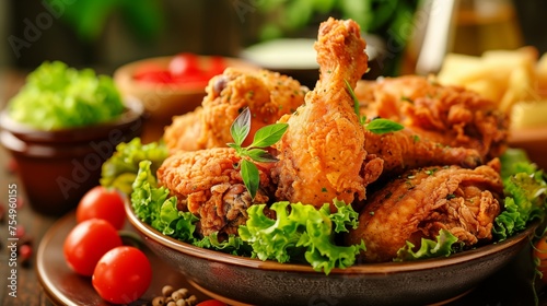Savor the spicy delight of hot, crispy fried chicken, expertly seasoned and paired with fresh vegetables for a satisfying and flavorful culinary experience that combines crunch and freshness. photo