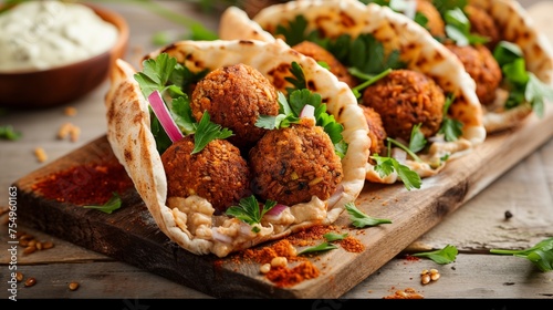 Indulge in the delectable fusion of a Falafel Pita Sandwich featuring spicy meatballs, crispy falafel, fresh vegetables and herb infused goodness, all wrapped in a soft flatbread. 