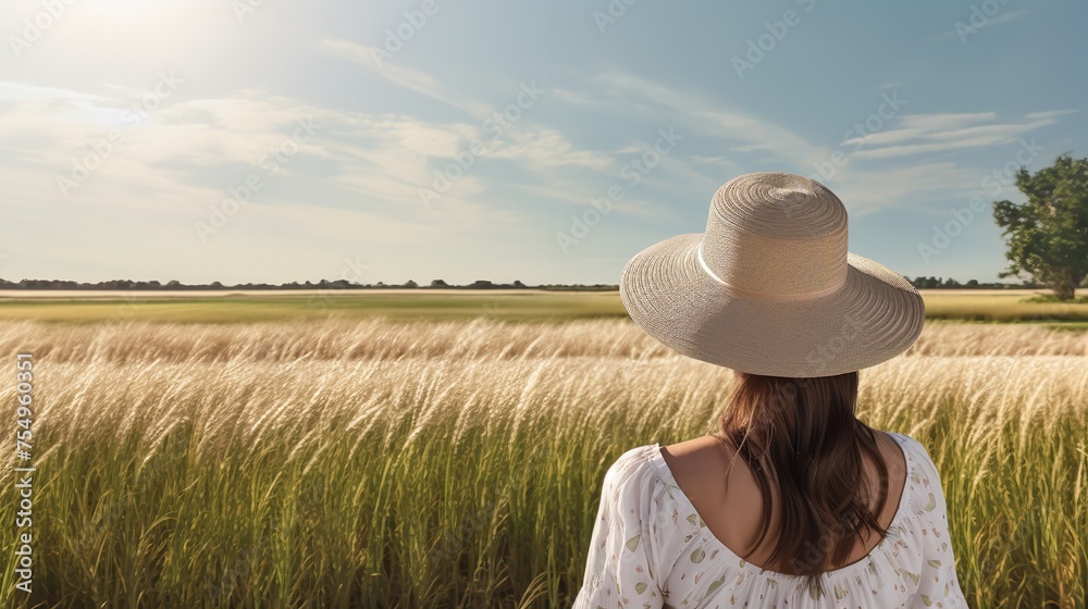 Rear view of woman in sun hat standing on field

