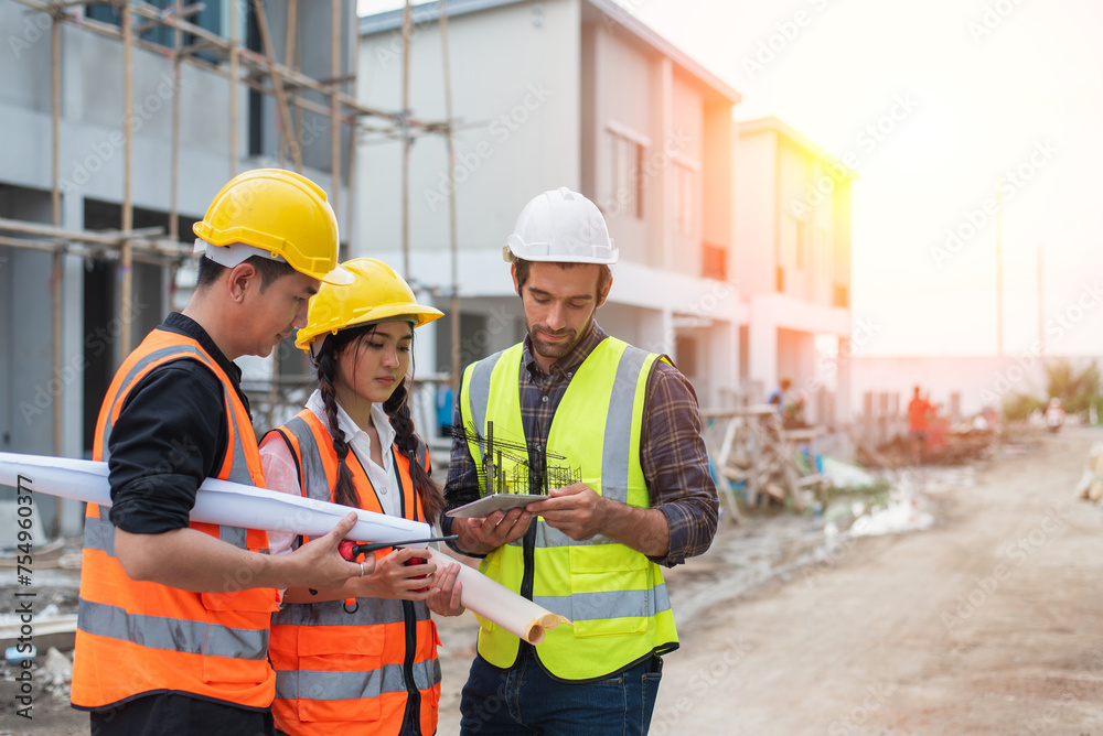 Three construction professionals reviewing blueprints in front of a building site.. Three construction professionals reviewing blueprints in front of a building site..