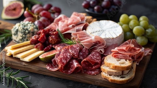 Food platter with meat, cheese, grapes, and bread on wooden board