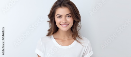A woman with layered hair in a white tshirt is smiling and making a gesture towards the camera. Her happy expression showcases her long eyelashes and jawline