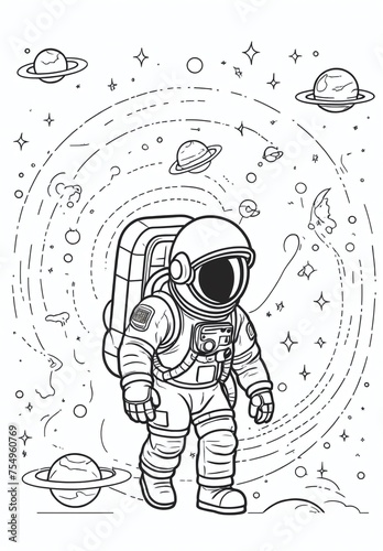 Coloring page outline of a astronaut walking in space
