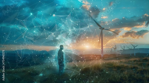 Human Figure and Wind Turbines in a Networked Field  Symbolic of Sustainable Energy and Connectivity