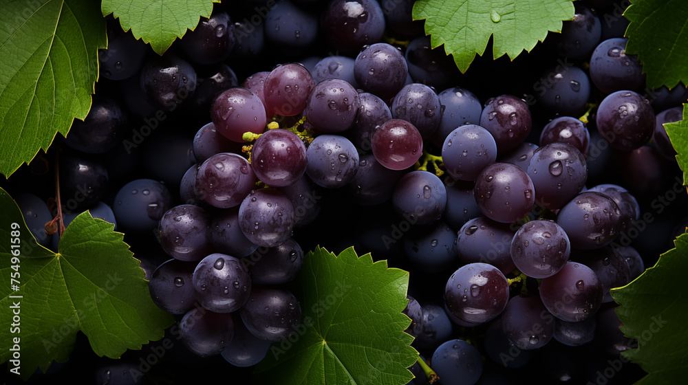 Fototapeta premium Bunches of ripe fresh grape on the grapevine, soft focus background