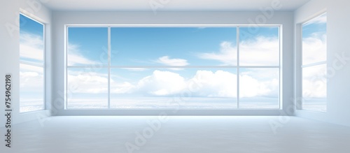 An empty room with white walls and a large window looking out to a clear blue sky. The room is quiet and void of any furniture  emphasizing the view of the open sky.