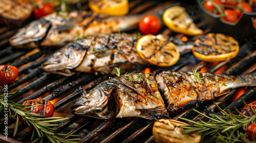 Delicious grilled fish and vegetables photo