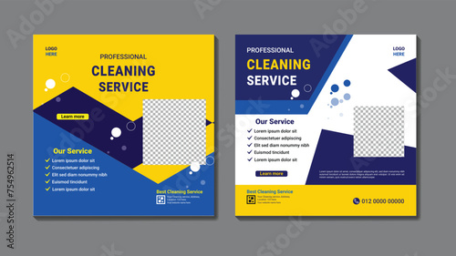 Corporate office and house cleaning service business promotion social media post or web banner template design. Housekeeping, wash, clean or repair service marketing flyer with abstract background.