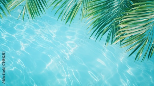 Tropical palm leaves in the water on a blue background with a place to copy text. The concept of recreation, tourism and sea travel.