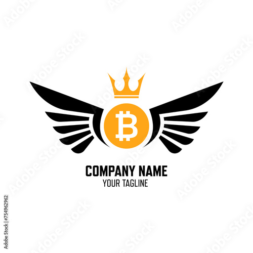 Bitcoin vector business logo. Bitcoin coin with wings and gold crown.
