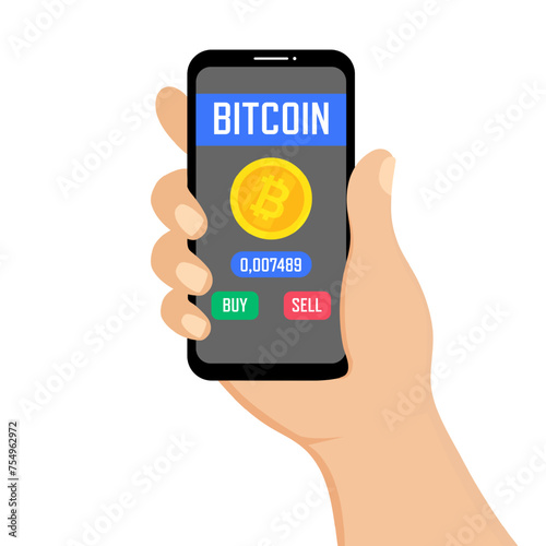 Hand holding smartphone with crypto app. Bitcoin symbol on a screen. Buy and sell Bitcoin buttons. Vector illustration.