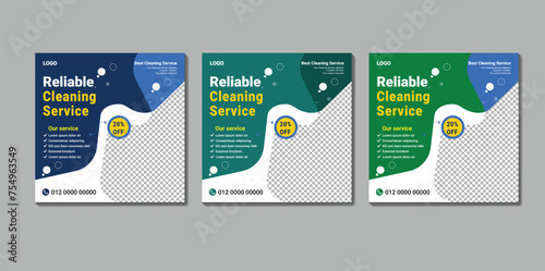 Corporate office and house cleaning service business promotion social media post or web banner template design. Housekeeping, wash, clean or repair service marketing flyer with abstract background.