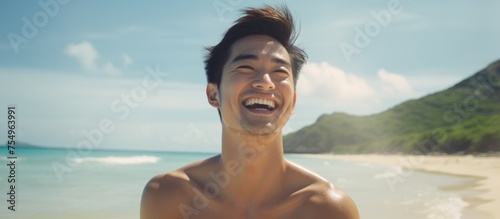 A man with no shirt is laughing by the water on the beach, with a big smile on his face. The sky is clear with puffy clouds, as he gestures in joy, enjoying his leisure travel and having fun