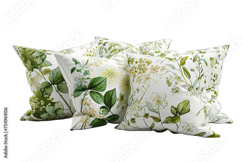 White And Light GreenLuxury Pillow With Floral Pattern Isolated On Transparent Background photo