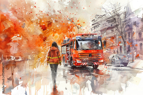 Firefighter woman walking near fire engine with orange splash watercolor