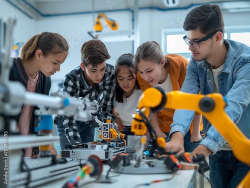 Group of focused students collaboratively working on a robotics project with high-tech equipment in a modern laboratory.