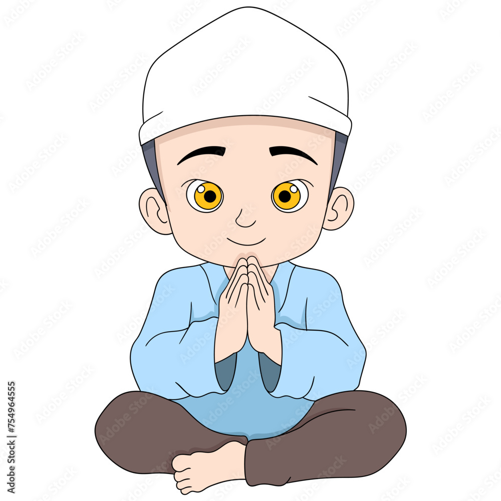 cartoon doodle illustration of people carrying out religious activities, a sitting Muslim man with a friendly face is greeting cartoon doodle illustration of people carrying out religious activities, a sitting Muslim man with a friendly face is greeting