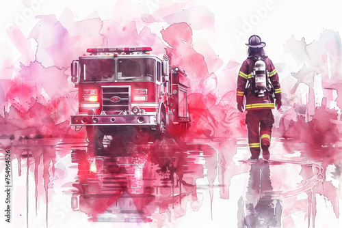 Firefighter woman walking near fire engine with pink splash watercolor