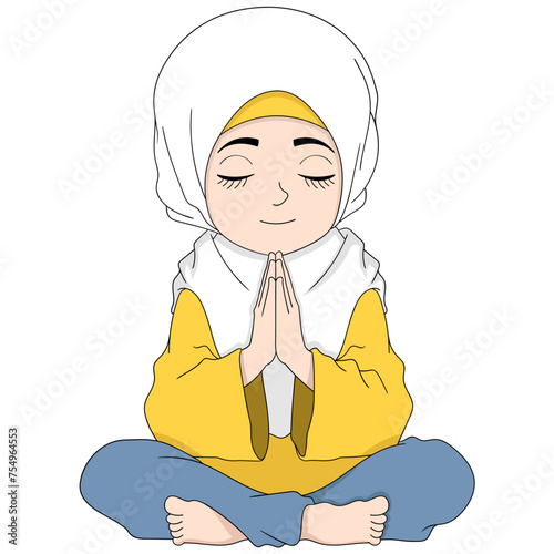 cartoon doodle illustration of people carrying out religious activities, a Muslim girl wearing a hijab is giving a friendly greeting