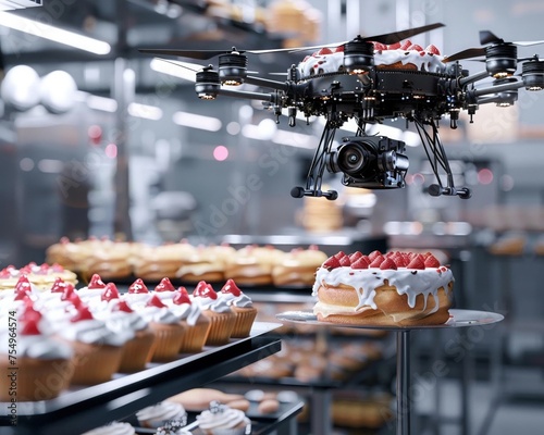 An automated bakery where drones delicately scakes with precision and creativity photo