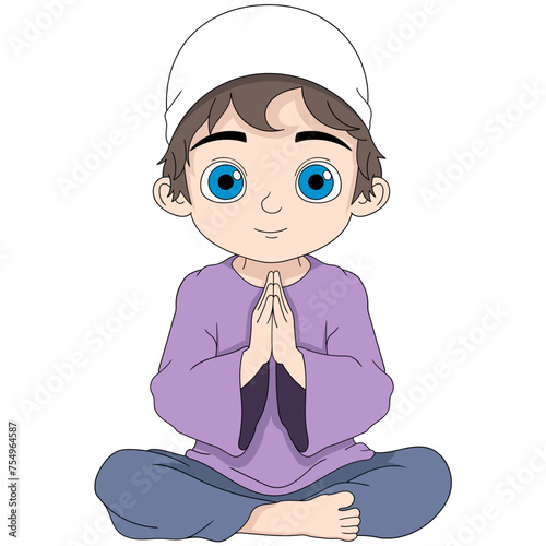 Cartoon doodle illustration of people carrying out religious activities, Muslim man welcoming guests