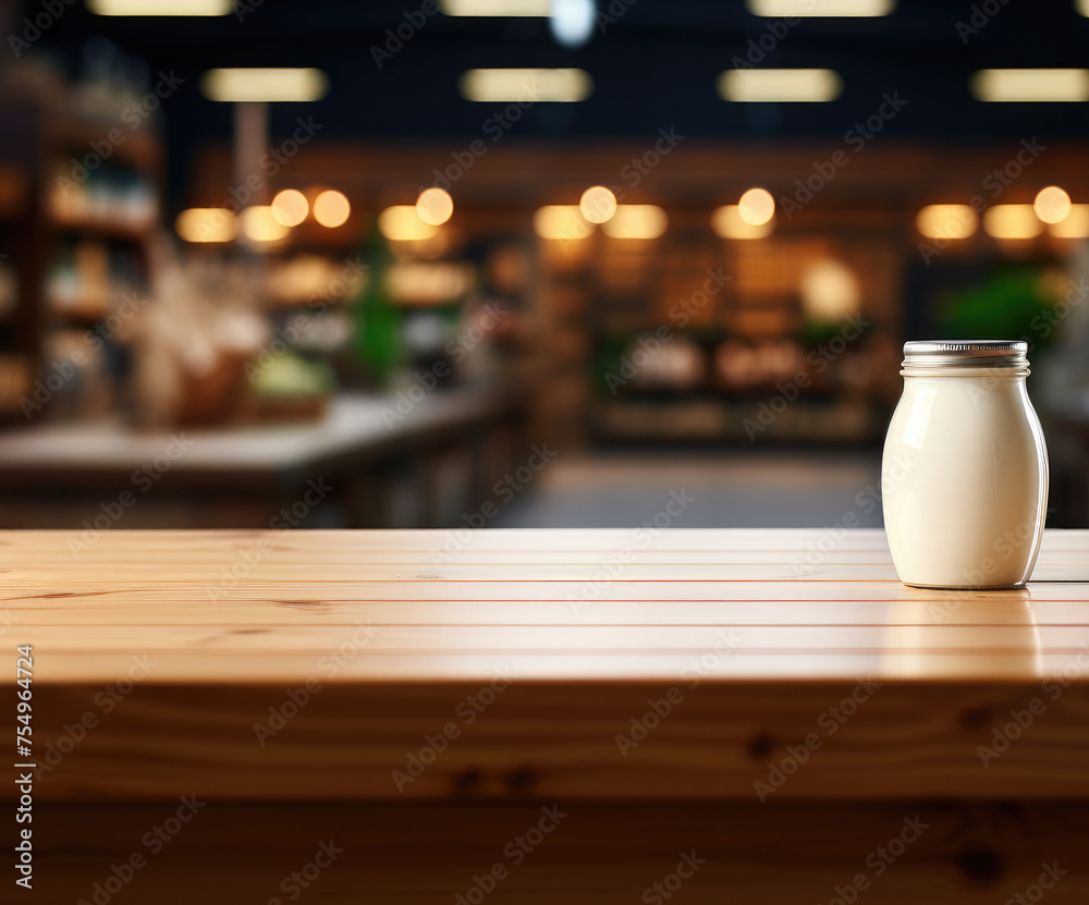Milk in a bottle stands on an empty wooden table against the backdrop of food aisles in a supermarket, store.