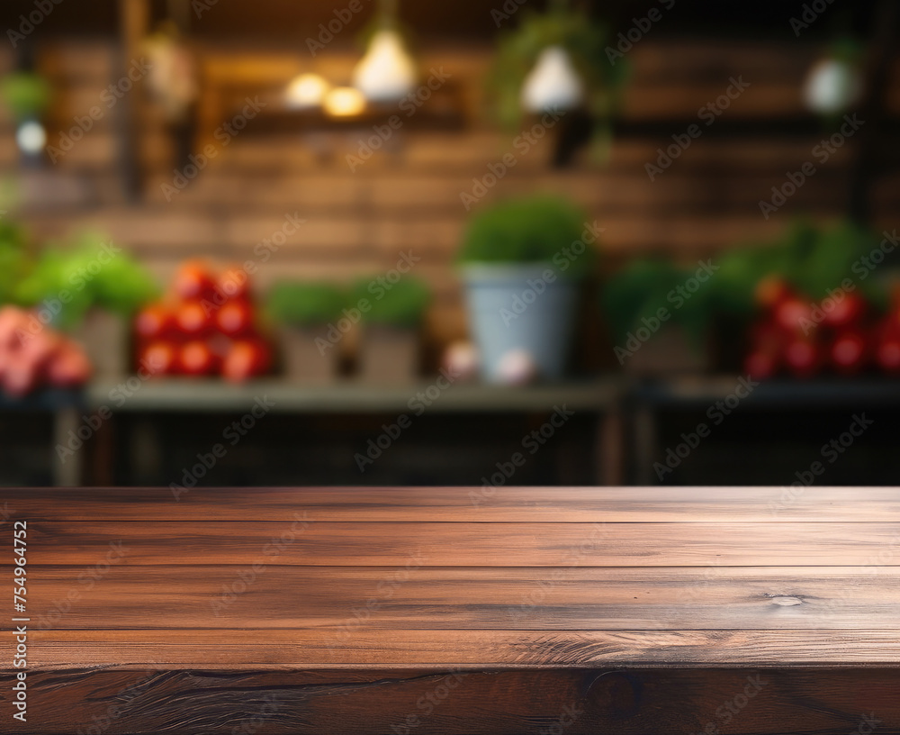 Empty wooden table for product demonstration and presentation on the background of blurred vegetable rows in a supermarket or store