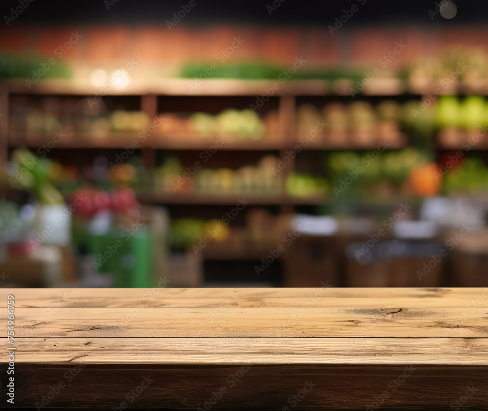 Empty wooden table for product demonstration and presentation on the background of blurred vegetable rows in a supermarket or store